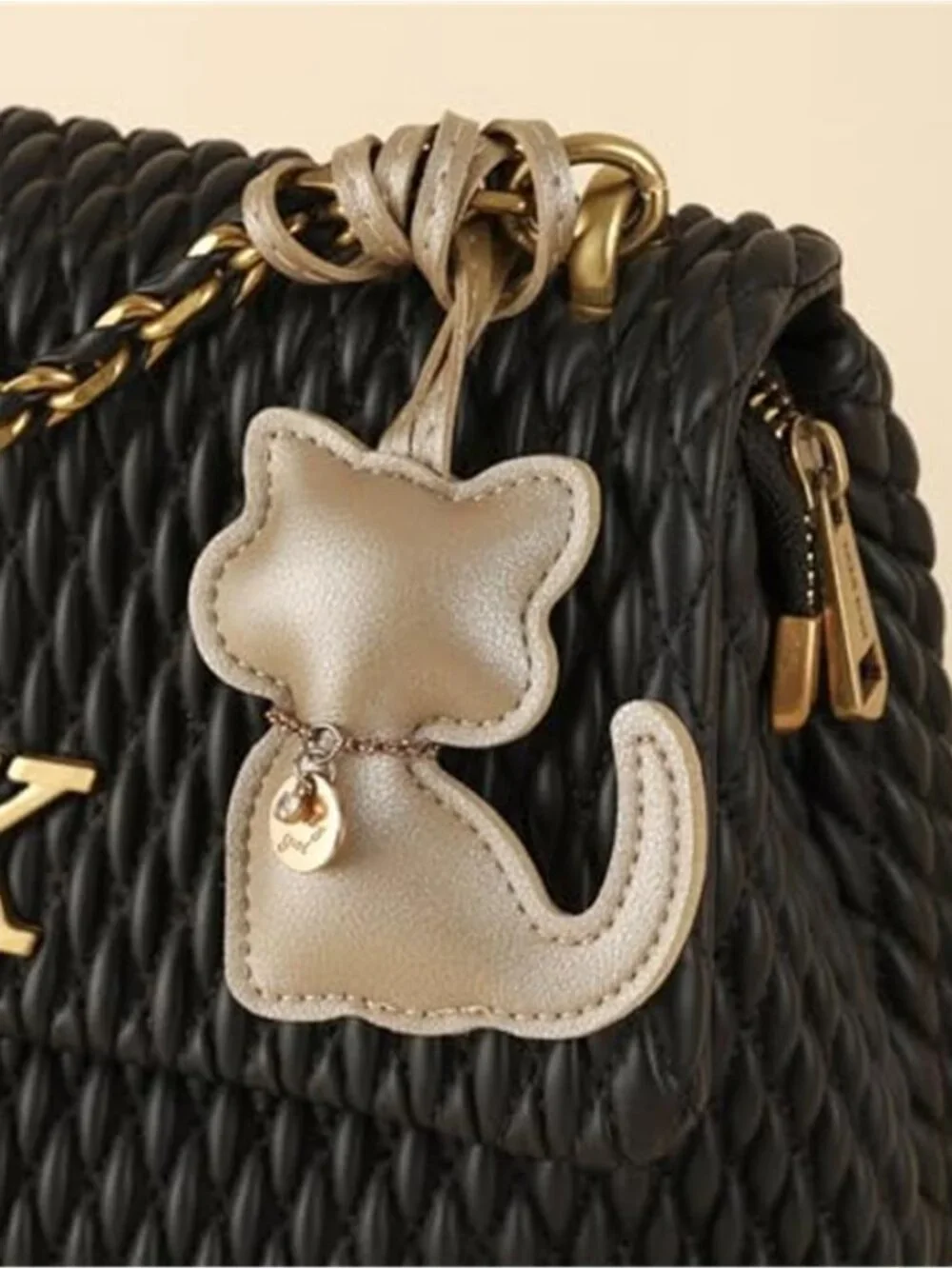 Gold Cat Vegan Leather Bag Charm Rhinestone Purse Keychain Handbag Accessory